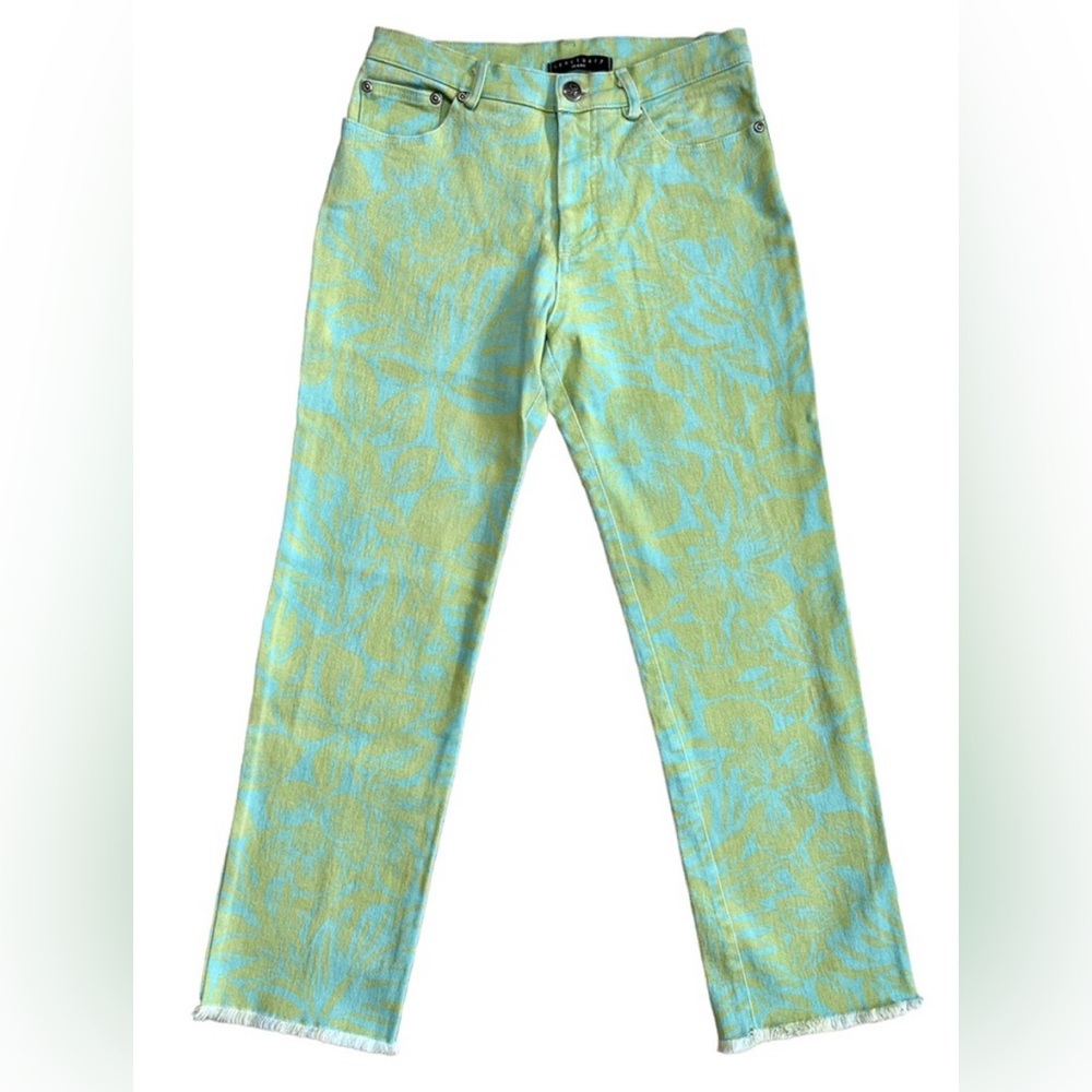 Sanctuary Blue Green Floral Cropped Straight Leg Frayed Hem Denim Jeans